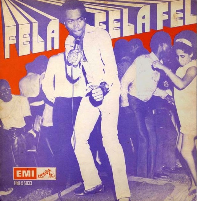 Vintage album cover art for Fela Kuti's first record, featuring stylized typography and the label’s His Master's Voice logo.