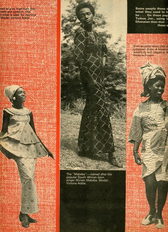 Archival spread from Drum magazine in the 1960s showing Ghanaians in bold tailored styles, gele headwraps, and suits.