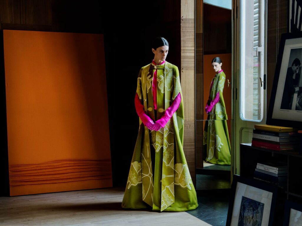 Elegant green gown with vibrant accents.