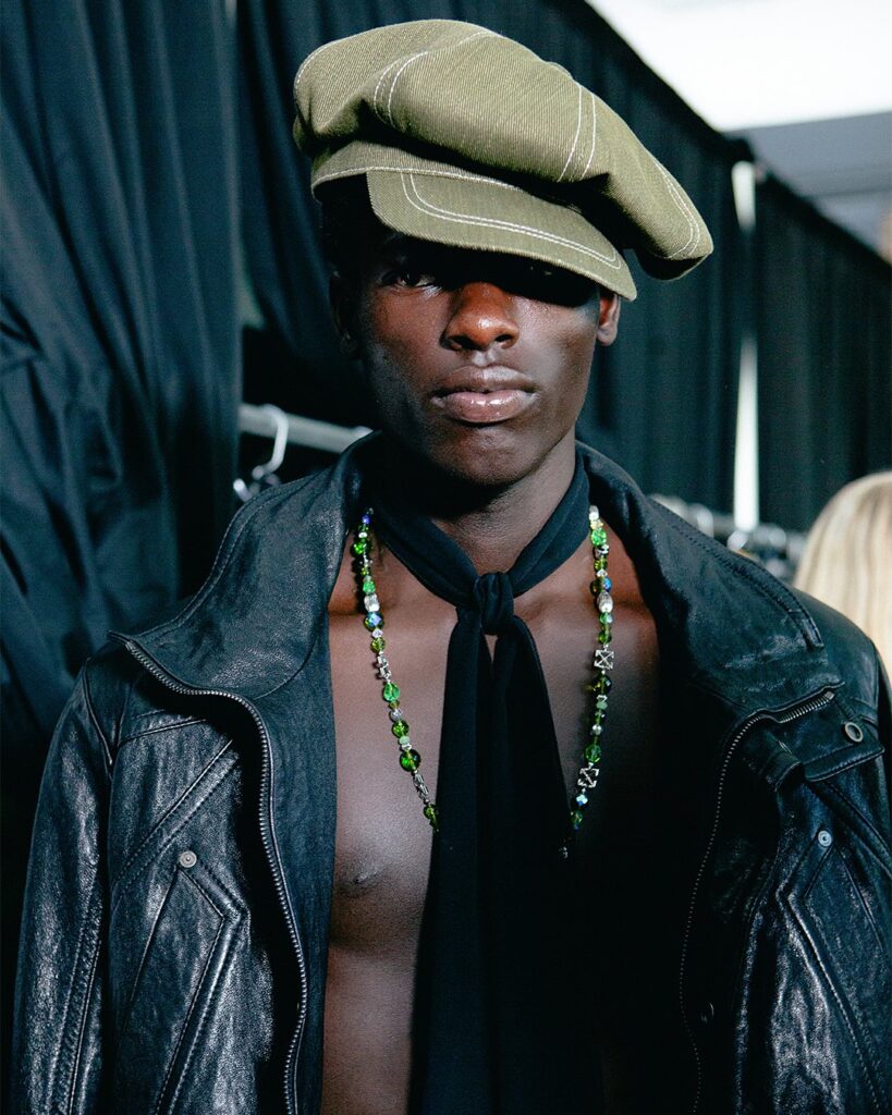 Model wearing stylish leather outfit