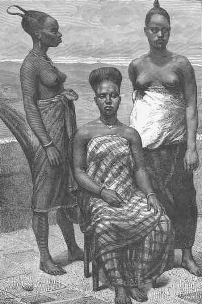 Engraved 19th-century illustration of Fante women from Elmina (Edina), Gold Coast, Ghana, wearing traditional hairstyles and patterned cloth, representing pre-colonial West African hair and body art practices.