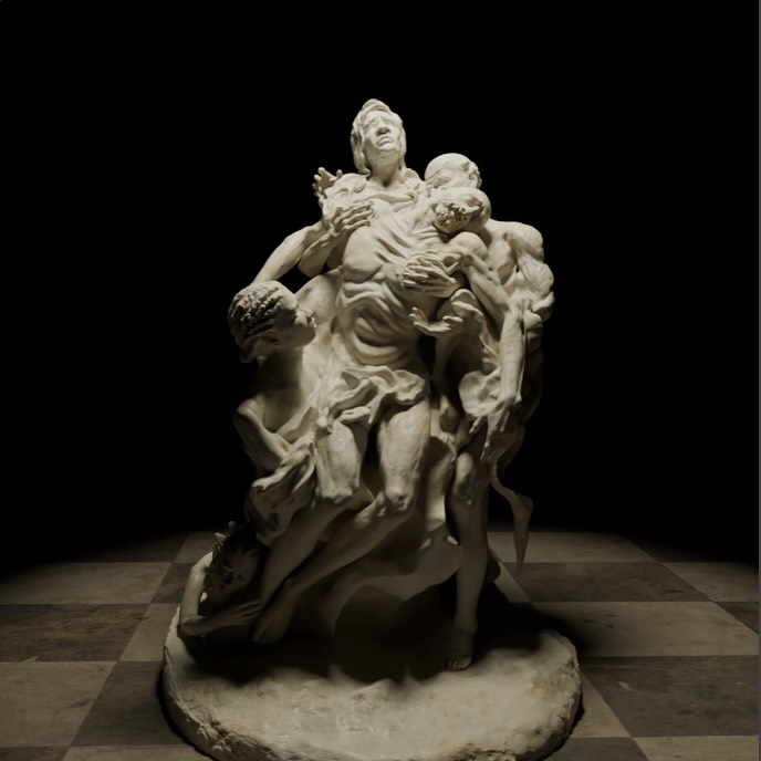 A pale figurative sculpture by Anthony Azekwoh displayed on a plinth against black