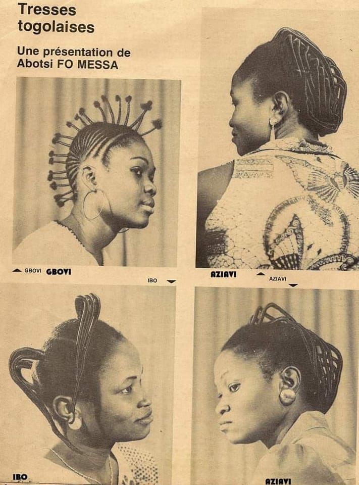 Photographs of Togolese women’s braided hairstyles by Jacques Do Kokou, featured in Akouvi magazine, May 1977, showcasing the creativity and symbolism of traditional Togo hair artistry.