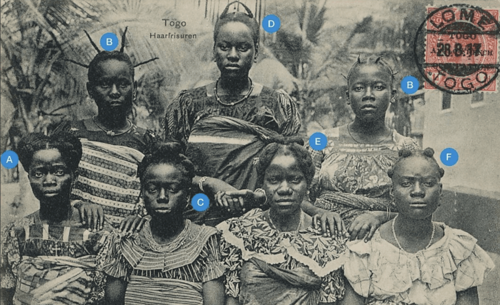 Vintage postcard depicting Togolese women with elaborate braided hairstyles, postmarked from Lomé in 1937 during the German colonial period, representing early visual documentation of West African hair culture.