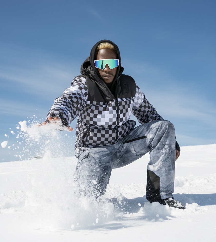 We Ski Too on the African Continent 2 A person in a patterned winter jacket and goggles skiing down a snowy slope at Oukaïmeden Ski Station in Morocco.