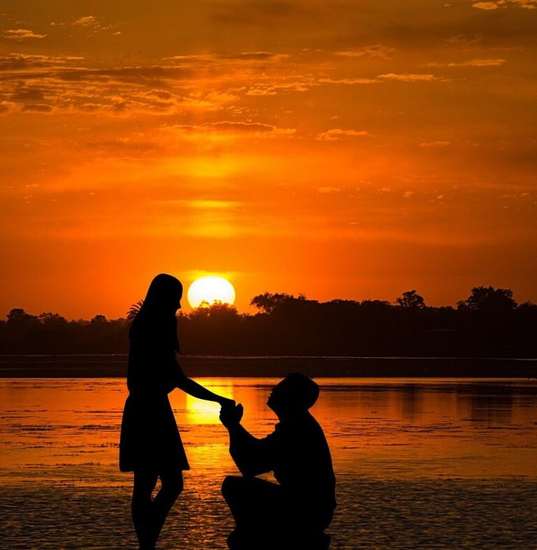 A romantic silhouette of a marriage proposal at sunset on an African riverbank, with vibrant orange skies reflecting on the water and trees in the distance.