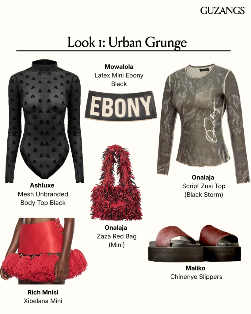 Urban Grunge rave fashion outfit layout featuring black mesh top, mini skirt, and red accessories for African city rave style.