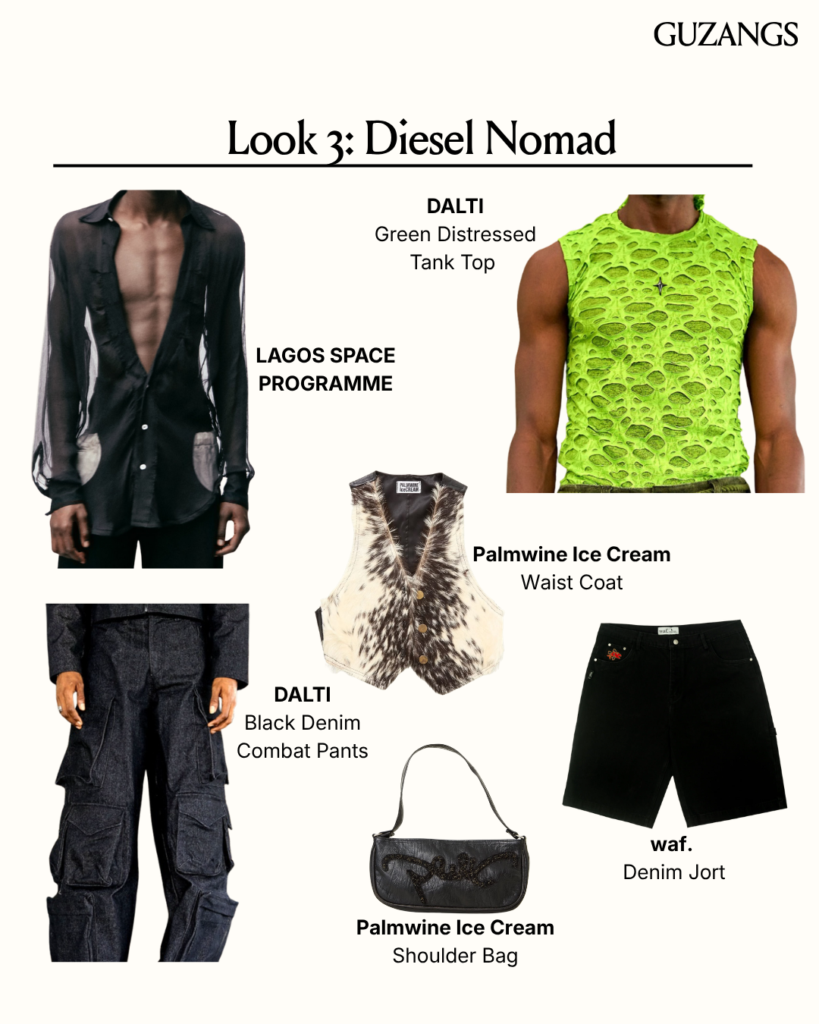 Diesel Nomad masculine rave fashion outfit flat lay featuring a black tactical vest, green tank top, and combat shorts for African city rave style.