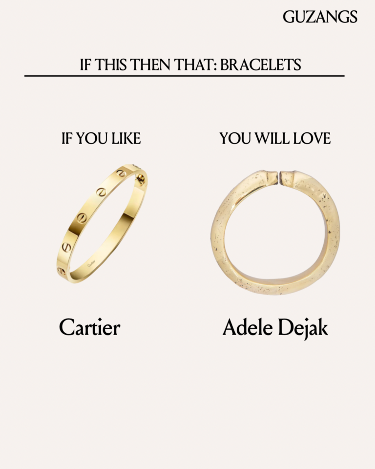 A side-by-side comparison graphic titled 'If This Then That: Bracelets.' On the left, under 'If You Like,' is a gold Cartier Love Bracelet. On the right, under 'You Will Love,' is a handcrafted gold Adele Dejak Bikuli cuff bracelet.