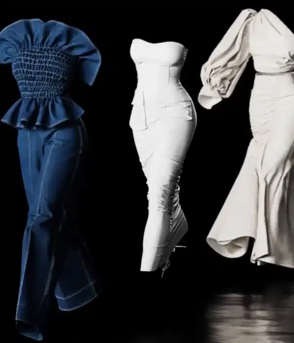 A close-up of a blue ruffled top and white sculptural high-waisted skirt from Hanifa, a brand known for its pioneering 3D digital runway shows and architectural knitwear.