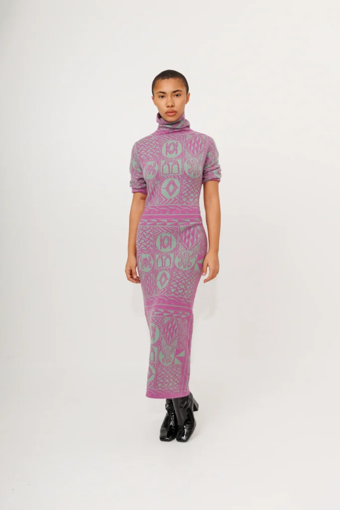 Kibonen and the Business of Cultural Authority 6 Model wearing a patterned purple dress