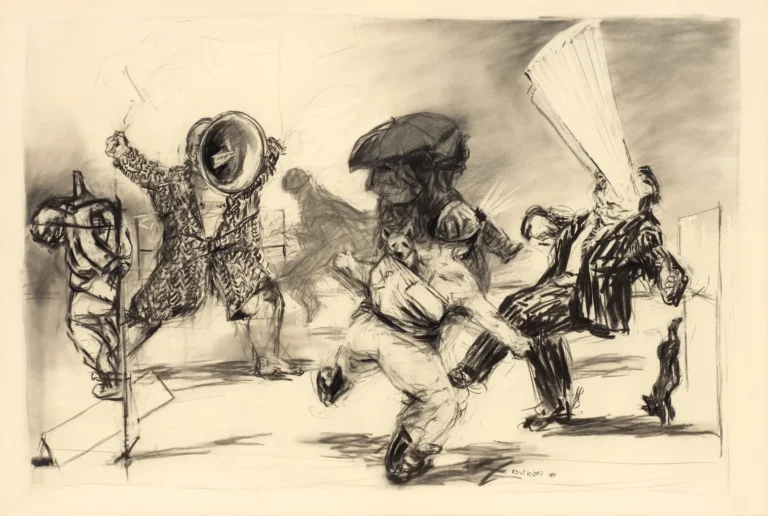 A large-scale charcoal drawing by William Kentridge titled "Negotiations minuet" (1989), depicting a group of expressive figures with brass instruments and umbrellas, representing the social choreography of South Africa’s transition years.