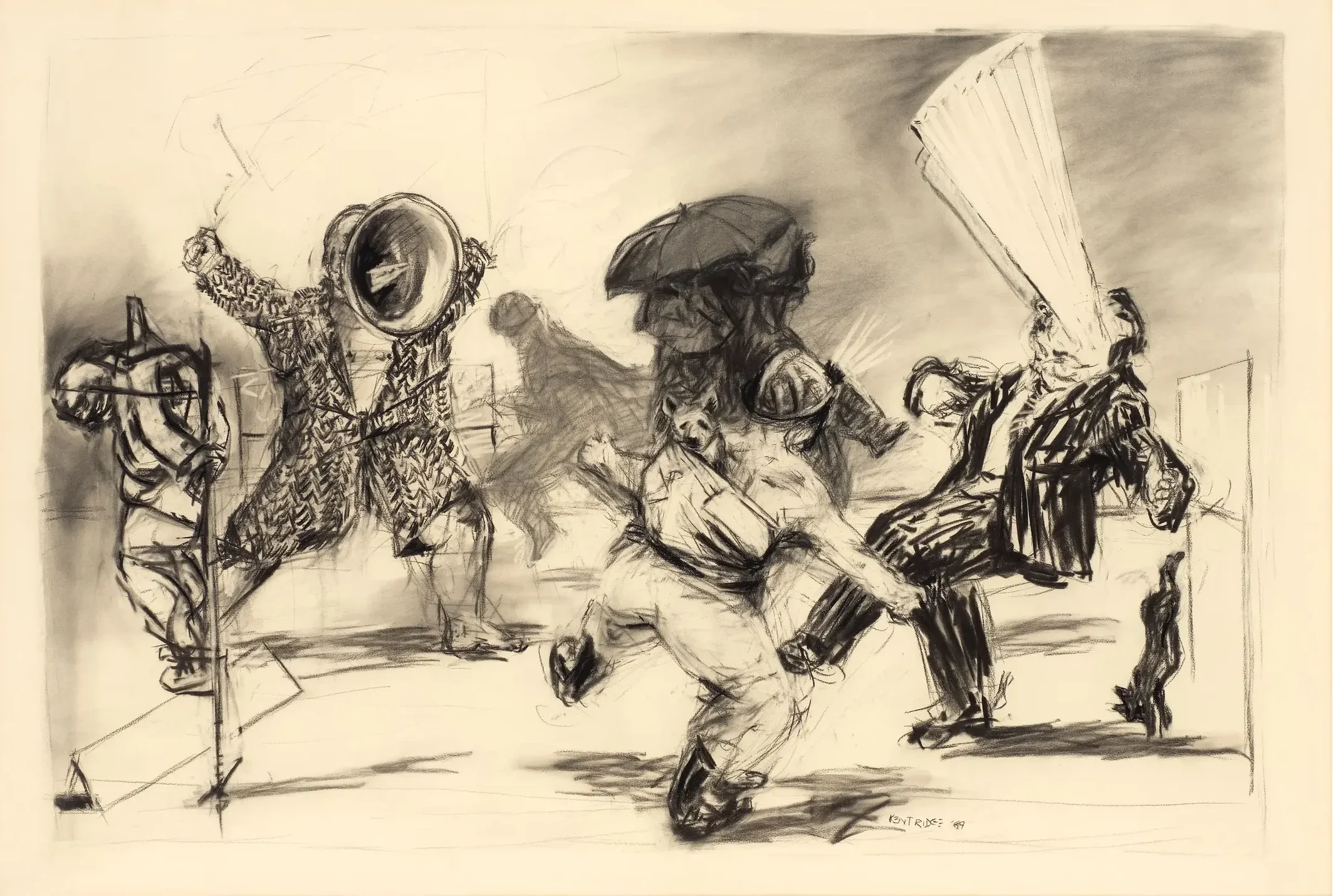 A large-scale charcoal drawing by William Kentridge titled "Negotiations minuet" (1989), depicting a group of expressive figures with brass instruments and umbrellas, representing the social choreography of South Africa’s transition years.