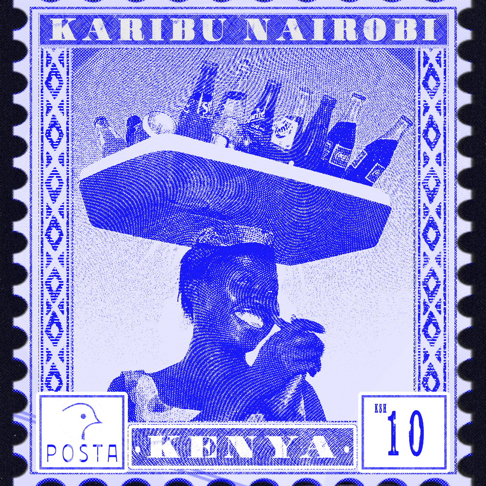 Karibu Nairobi: Stamped and Approved 2 Reimagined Kenyan postage stamp by Sinatra Chumo depicting a woman carrying goods on her head, blue monochrome, KSH 10 denomination