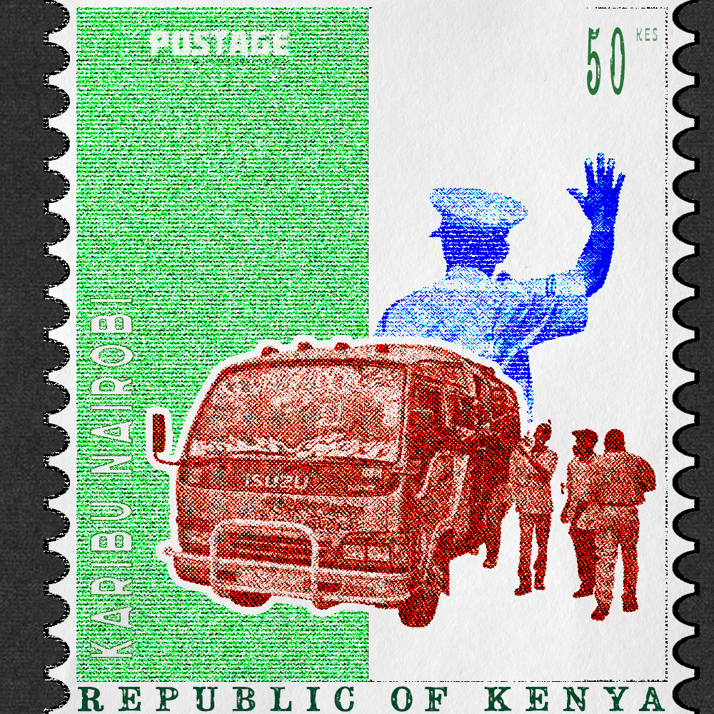 Karibu Nairobi: Stamped and Approved 4 Reimagined Republic of Kenya stamp by Sinatra Chumo showing a matatu and waving figure in green, red and blue, 50 KES denomination