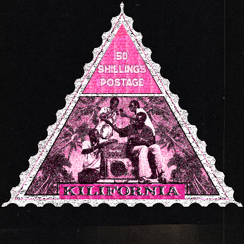 Karibu Nairobi: Stamped and Approved 5 Triangular Kilifornia stamp by Sinatra Chumo in pink and black depicting seated figures, 150 shillings postage denomination