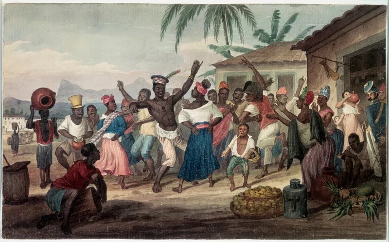 Before Rio, There Was Luanda 2 A 19th-century painting titled "Afro-Brazilian Dance" illustrating several figures engaged in a lively communal dance in a historic Rio de Janeiro setting.