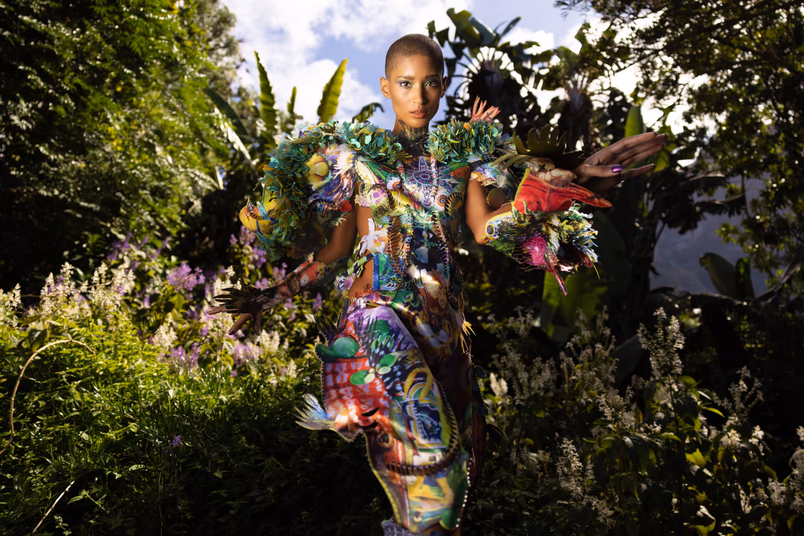 What the Met’s 2026 Theme Means in an African Context, and the Designers Shaping the Narrative 4 Antonia Julies wears a Chelsea Jean Lamm garment with Ashley Elizabeth Lamm collage detailing in a verdant garden, photographed by Nina Zimolong.