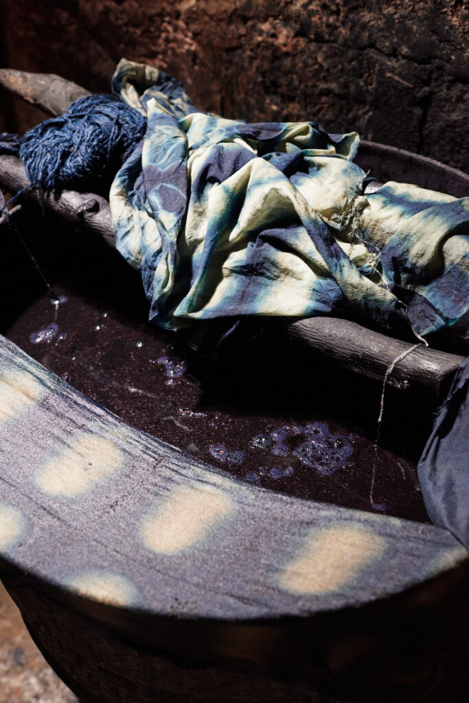 Close-up of Kendéli cloth from Basse-Guinée, a traditional indigo resist-dyed cotton fabric crafted by Susu women.