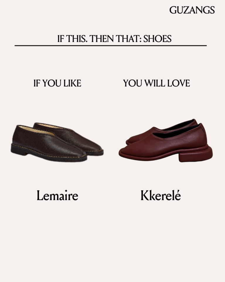 Side-by-side comparison of two similar dark brown slip-on shoes. The left side features Lemaire and the right side features Kkerelé.