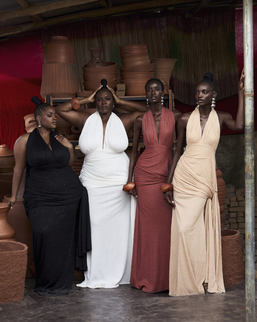 Hertunba's 'Akaoru' Collection Is a Lesson in What Craftsmanship Actually Costs 7 Four models of diverse body types wearing deep-plunging halter gowns from the Hertunba Akaoru collection, standing shoulder to shoulder.