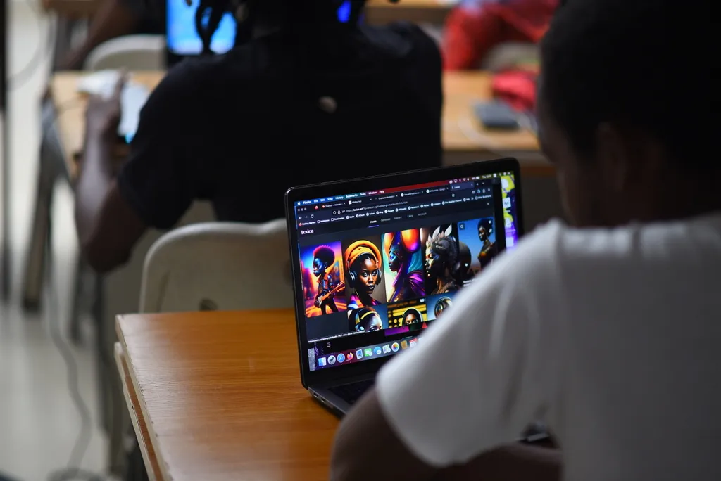 The Machine Can See You. It Still Can't Pay You. 4 Africa Comicade AI Workshop in Lagos, April 2023, photographed by HYPHN Agency. African creatives working with generative AI tools at a community workshop.