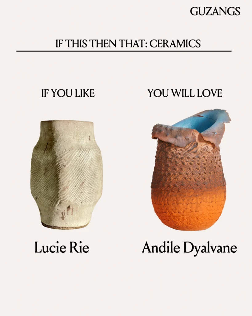 If This. Then That: Ceramics — Lucie Rie → Andile Dyalvane 15 If This. Then That: Ceramics — Lucie Rie pot beside an Andile Dyalvane scarified vessel.