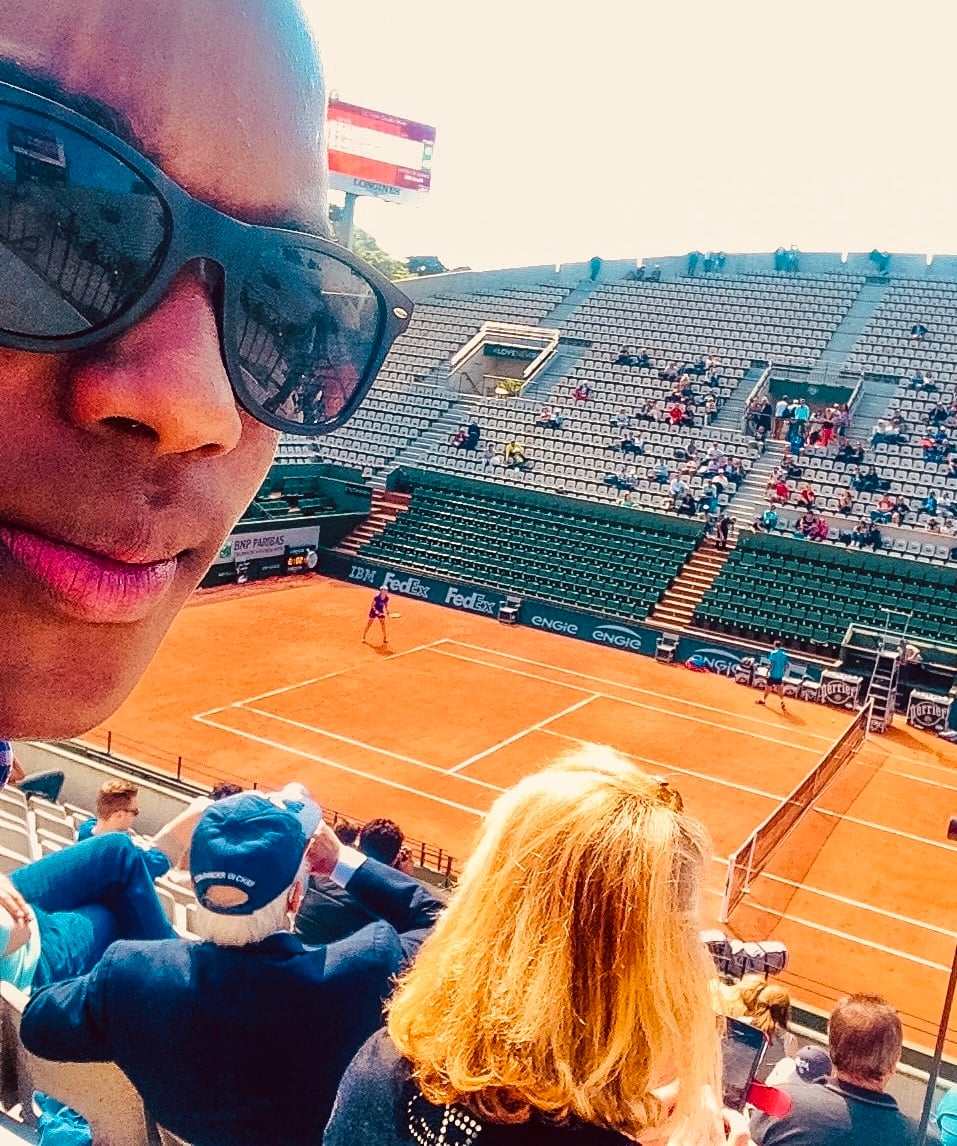 A spectator views Court Suzanne-Lenglen during Roland-Garros 2015, Paris.