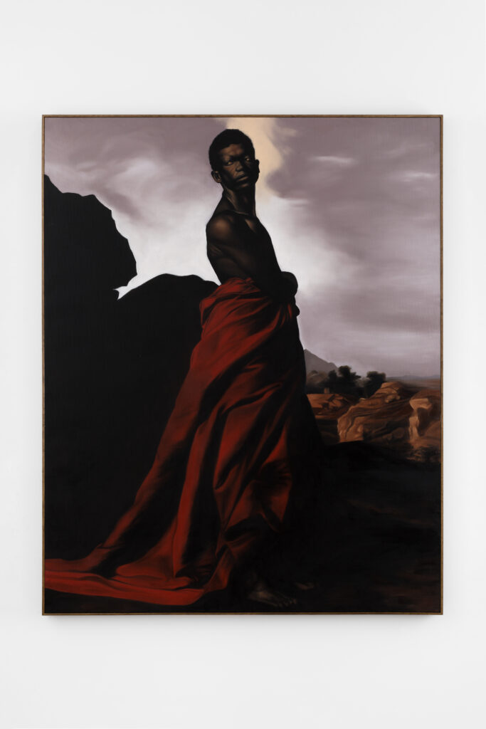Gustavo Nazareno painting Eshu guiding a path (2024), oil on linen depicting the Afro-Brazilian deity Exu