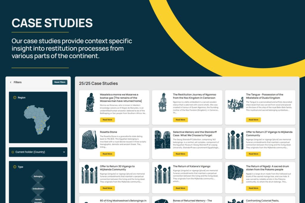 The Index Is the Institution 7 The Open Restitution Africa case-study tool showing filters by region, holder, period, and type built from the questions African restitution claimants arrive with.