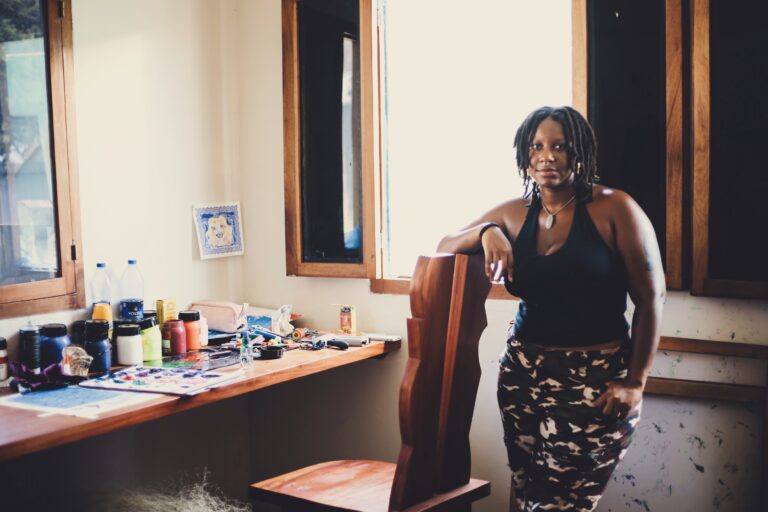 Portrait of Ghanaian artist Ewuresi Archer in her studio