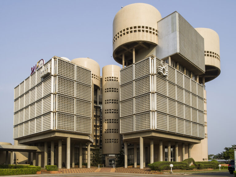 Modernist BOAD (West African Development Bank) building in Lomé, Togo, featured in MoMA’s Architects of Liberation exhibition. Photograph by François-Xavier Gbré, 2025.