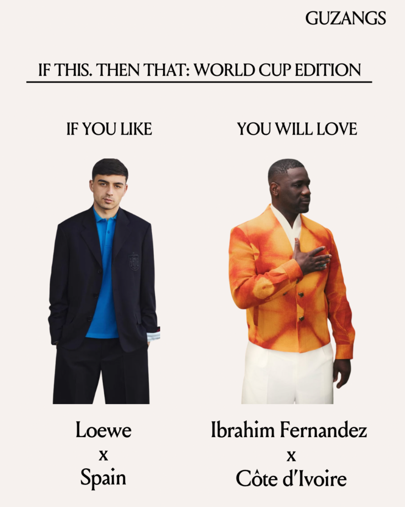 If This. Then That: World Cup Edition — Dressing the Team — Loewe → Ibrahim Fernandez 1 If This. Then That: World Cup Edition graphic pairing the Loewe x Spain travel wardrobe with Ibrahim Fernandez's Côte d'Ivoire ceremonial look, shown side by side under the Guzangs banner.