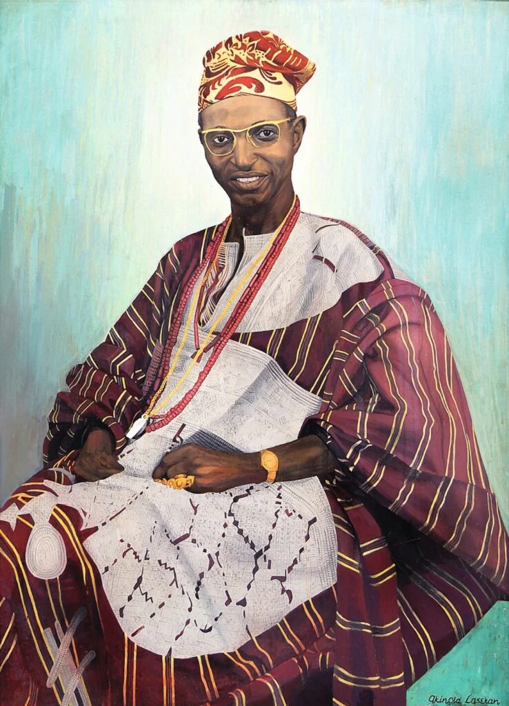 Akinola Lasekan's 1957 oil portrait of Chief Justus D. Akeredolu in a red striped aṣọ-òkè agbada, patterned fila cap and coral beads