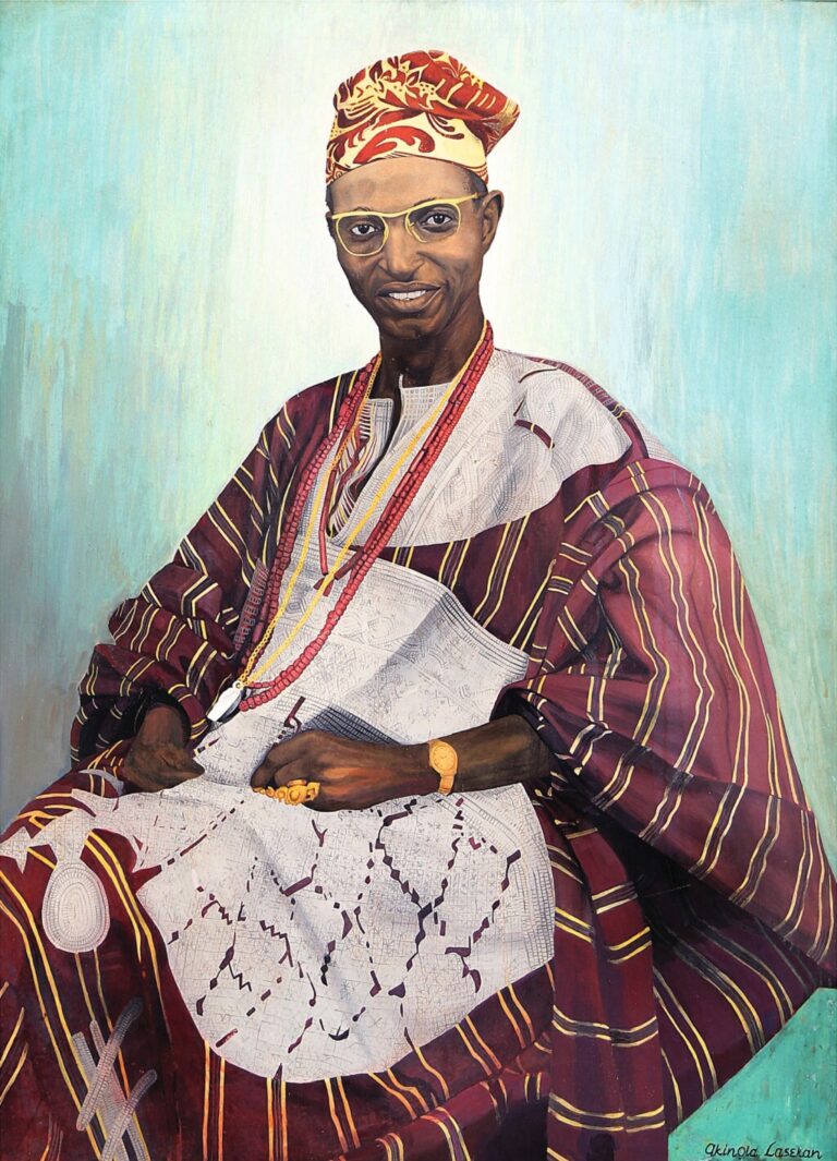 Akinola Lasekan's 1957 oil portrait of Chief Justus D. Akeredolu in a red striped aṣọ-òkè agbada, patterned fila cap and coral beads