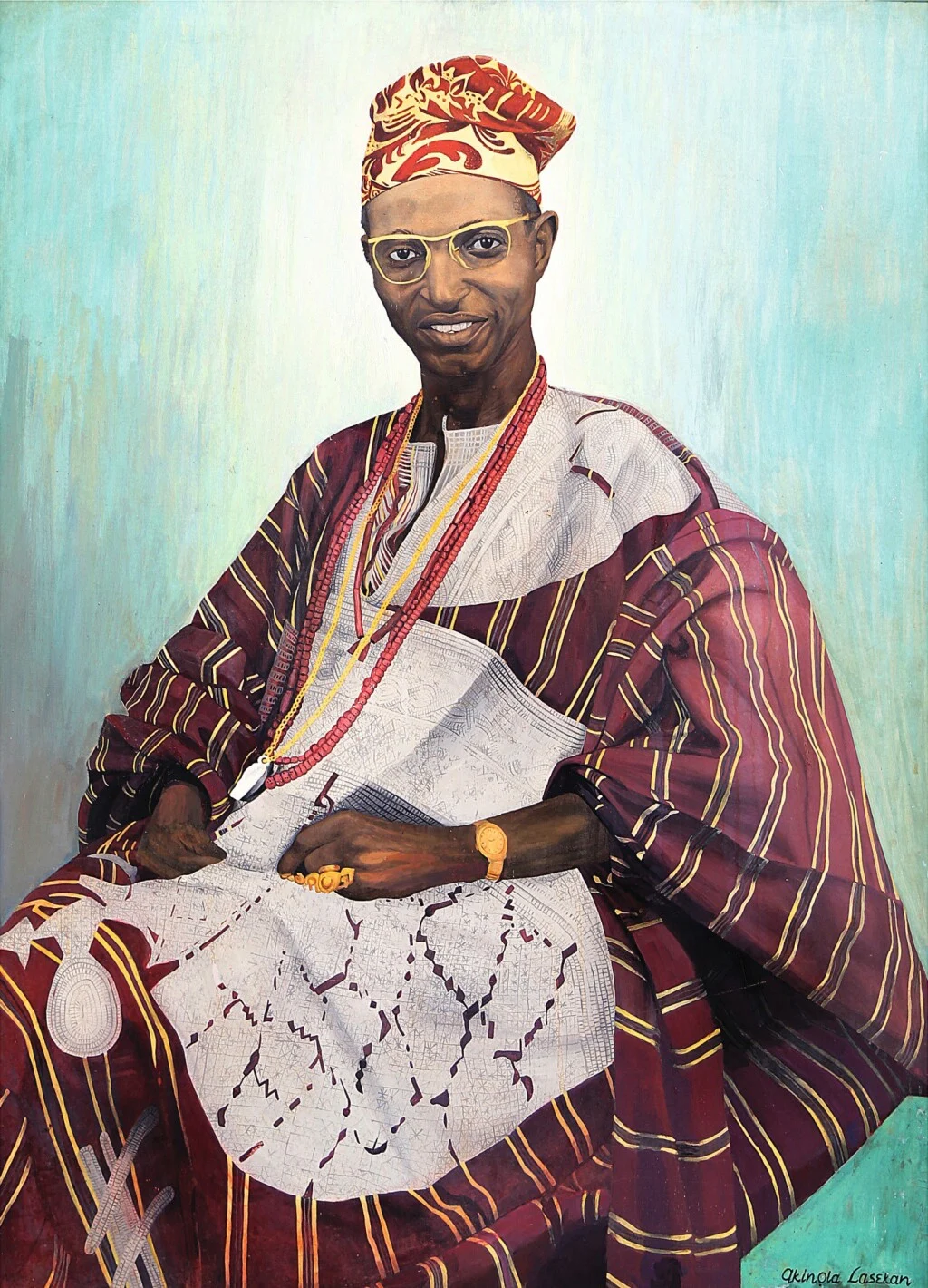 Akinola Lasekan's 1957 oil portrait of Chief Justus D. Akeredolu in a red striped aṣọ-òkè agbada, patterned fila cap and coral beads