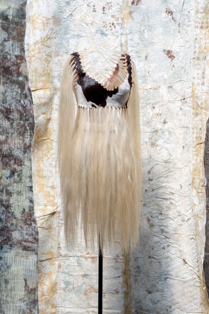 Azzedine Alaïa, special creation, 1996. Bodice and belt in printed foal hide and horsehair, installation view at the Azzedine Alaïa and Africa exhibition, Paris