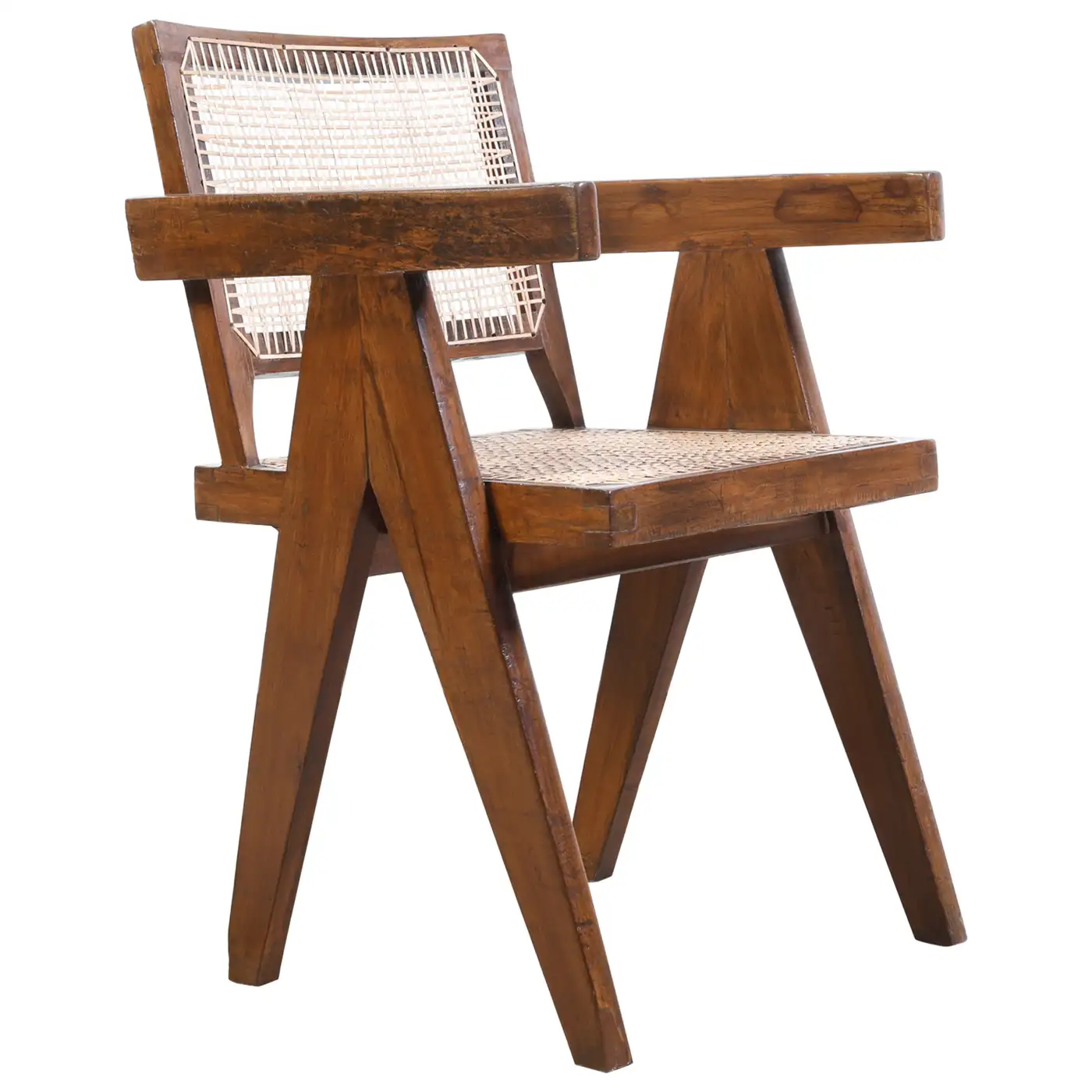Pierre Jeanneret office armchair from Chandigarh in teak with a woven cane seat and back