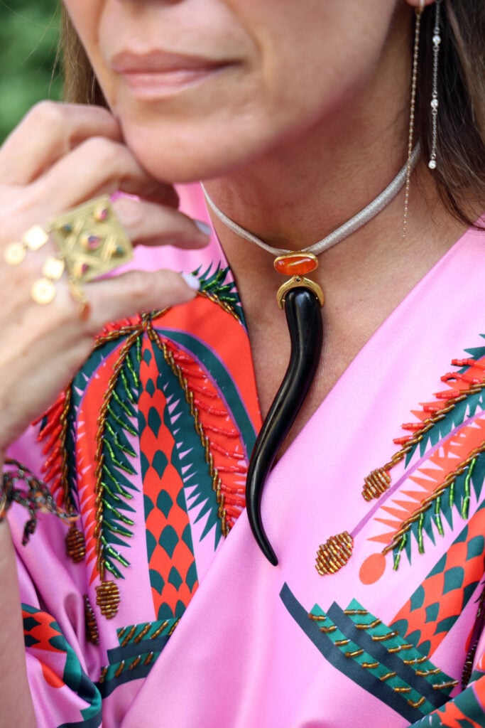 Jewellery designer Stefania Indelicato wearing her own handmade pieces