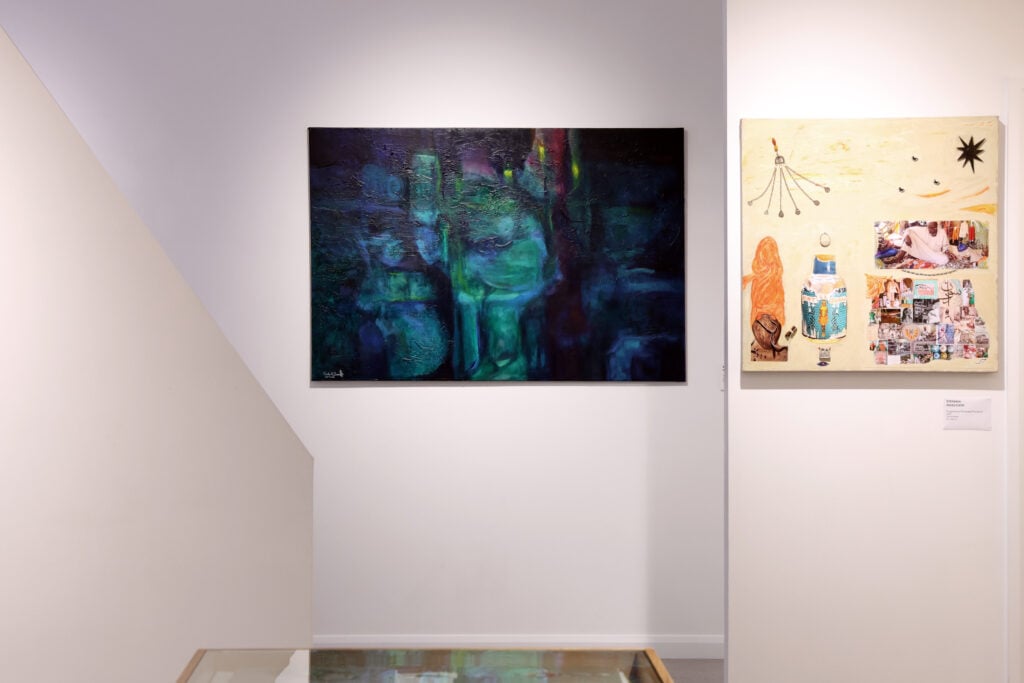 A dark, atmospheric abstract painting by Sudanese artist Aisha Hussein Shariffe