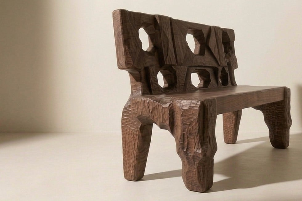 Afniq, a hand-carved wooden bench whose back is pierced with a grid of rounded openings, standing on four chiselled tapering legs.