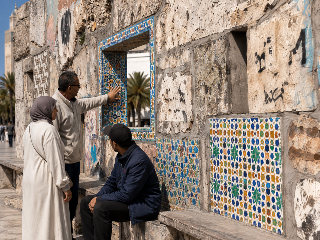 Three people examining a weathered Casablanca facade inset with panels of blue, green and ochre mosaic tile.
