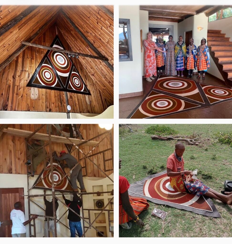 Beaded panels of 497,000 beads made by Maa Beadwork artisans for Cottar's Safaris, shown installed at the camp and in production in the Maasai Mara