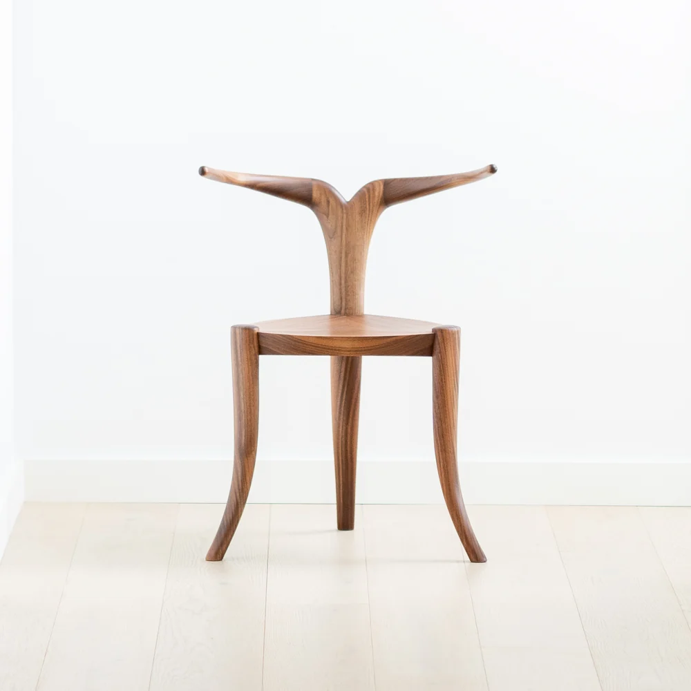 Jomo Tariku Nyala chair in dark hand-carved walnut with horn-shaped arms inspired by the mountain nyala antelope