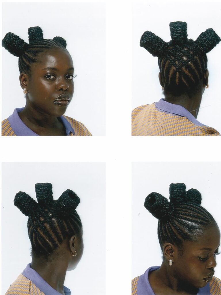 The Art of African Braiding, Through the Eyes of Gen Z 1 Four portraits of Marianne Costade showing Akan crown braids from the front, back and sides.