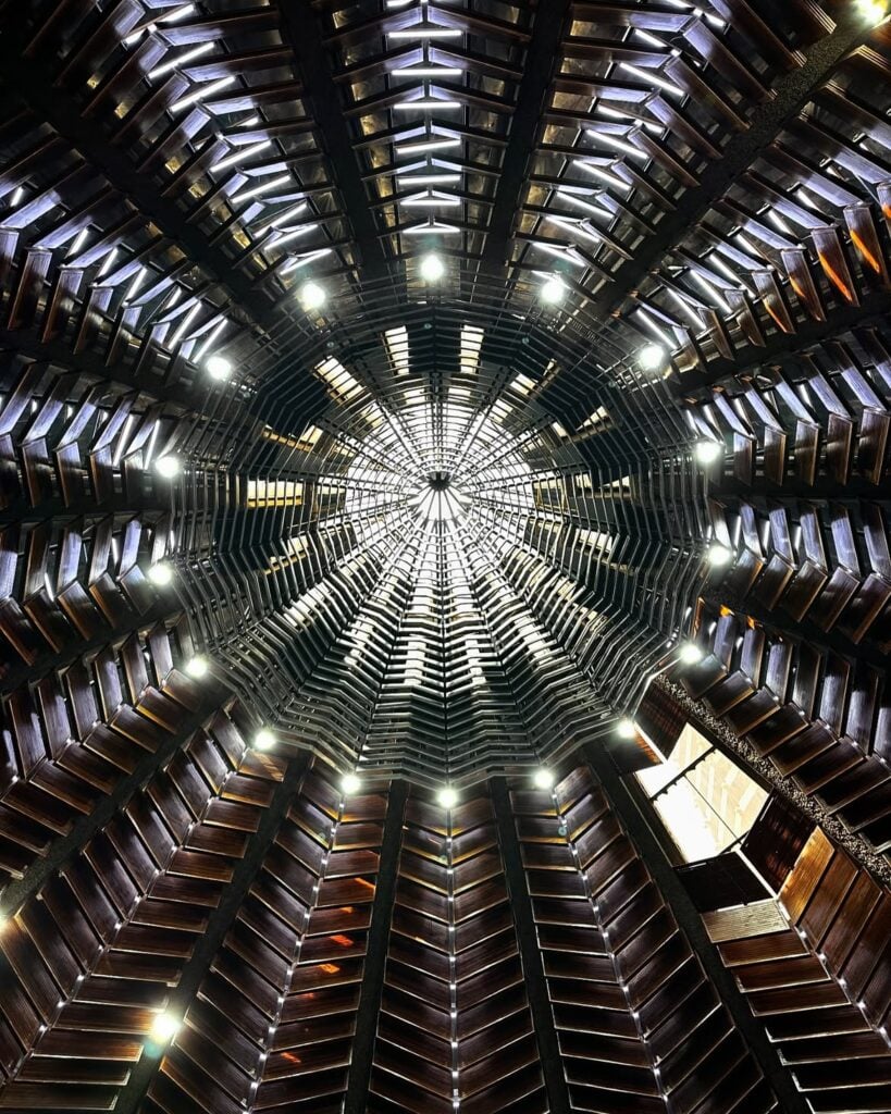 The sculptural concrete ceiling of the KICC plenary hall in Nairobi