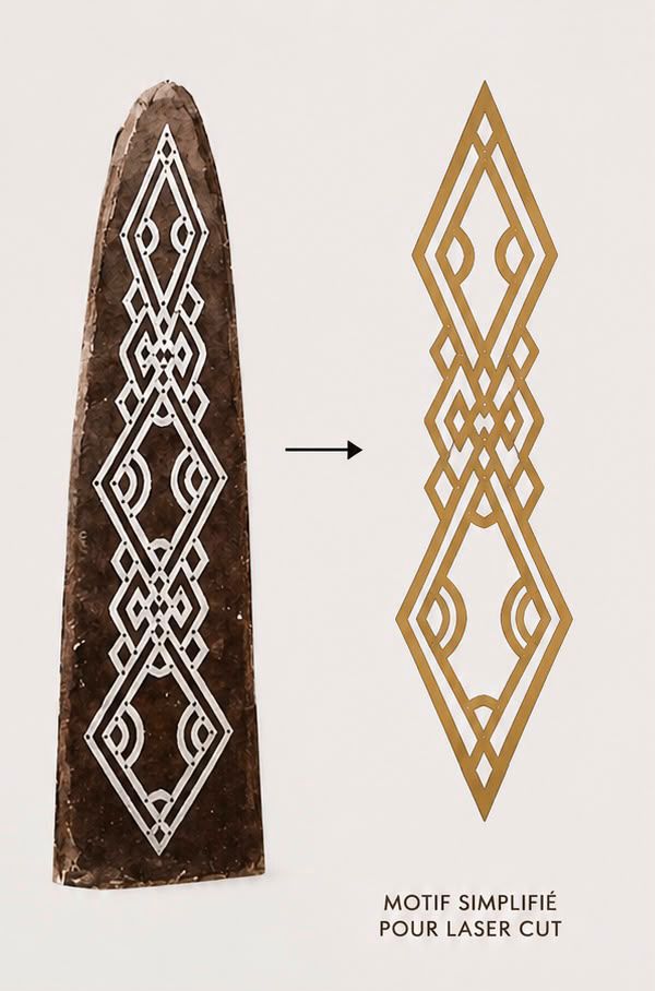 From Korhogo Cloth to Digital Print: Alia Baré and the Language of Senufo Textiles 6 Graphic showing a Hausa architectural motif carved in relief beside its simplified geometric translation in gold.