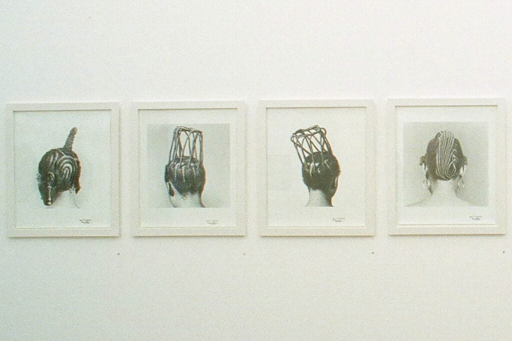 The Art of African Braiding, Through the Eyes of Gen Z 4 Four framed black-and-white photographs of sculptural Nigerian hairstyles by J.D. 'Okhai Ojeikere at MAMCO.