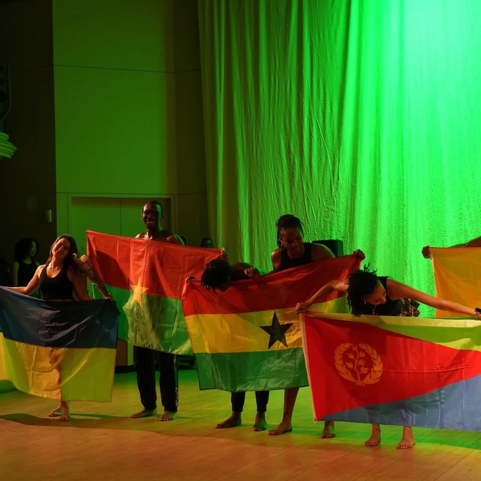 Omo Naija x Wahala Boys dancers hold national flags across the stage at Harvard.