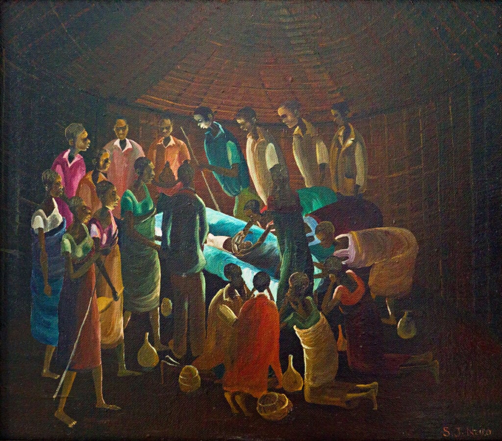 A Gift of Nativity, an oil painting on Masonite made around 1960 by the Tanzanian artist Sam Joseph Ntiro.